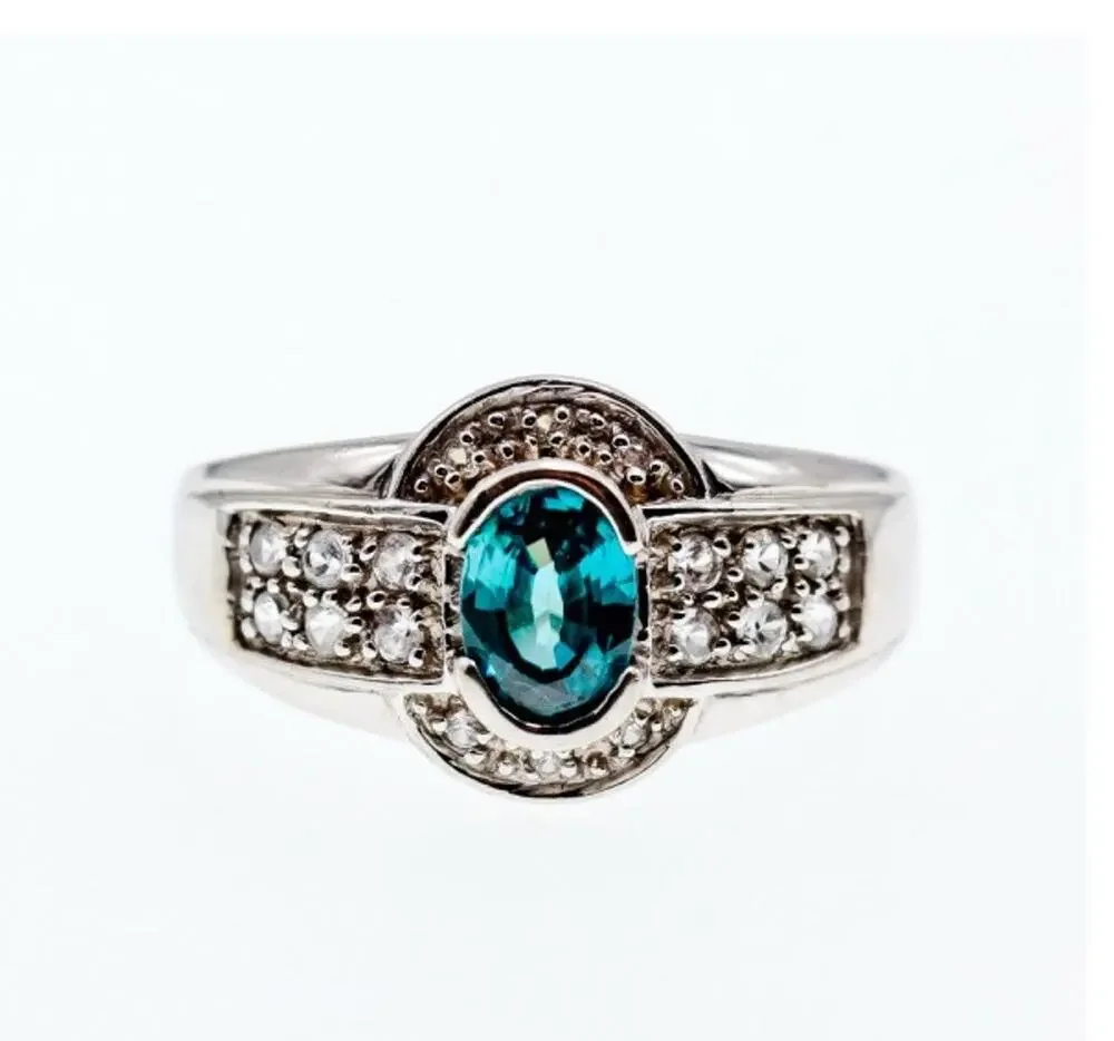 925 Sterling Silver Aquamarine & White Beryl Ring Size 14.25